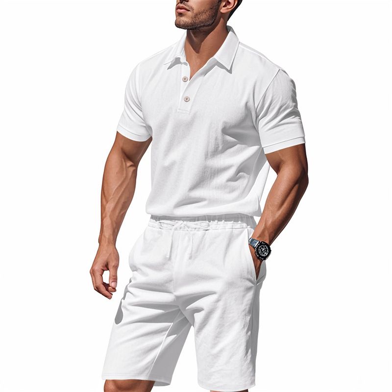 Ensemble polo et short de plage à manches courtes pour homme, style américain, ample, décontracté, respirant, en lin_voghion.com