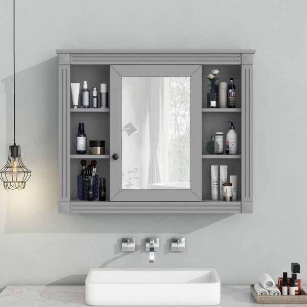 35'' X 28'' Wall Mounted Bathroom Storage Cabinet, Medicine Cabinet, Modern Bathroom Wall Cabinet With Mirror, Mirror Cabinet With 6 Open Shelves (N_voghion.com