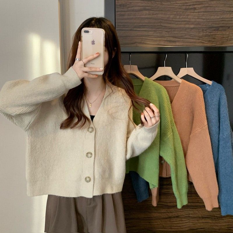 Korean-Style Minimalist Cardigan – Slim-Fit V-Neck Knit Sweater With Single-Breast Buttons, Soft Polyester-Nylon Blend In 5 Elegant Colors_voghion.com