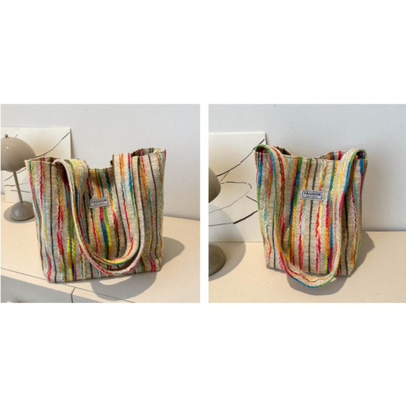 Large Capacity Stripe Handbag 2024 Summer Commuter Fashion Casual Western Style One Shoulder Underarm Tote Bag_voghion.com