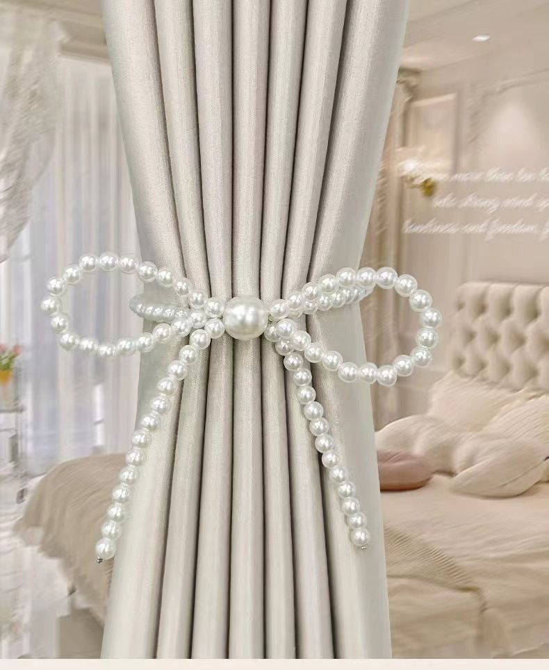 Creative New Simple Pearl Bow Curtain Tie No-Drill Magnetic Buckle Light Luxury_voghion.com