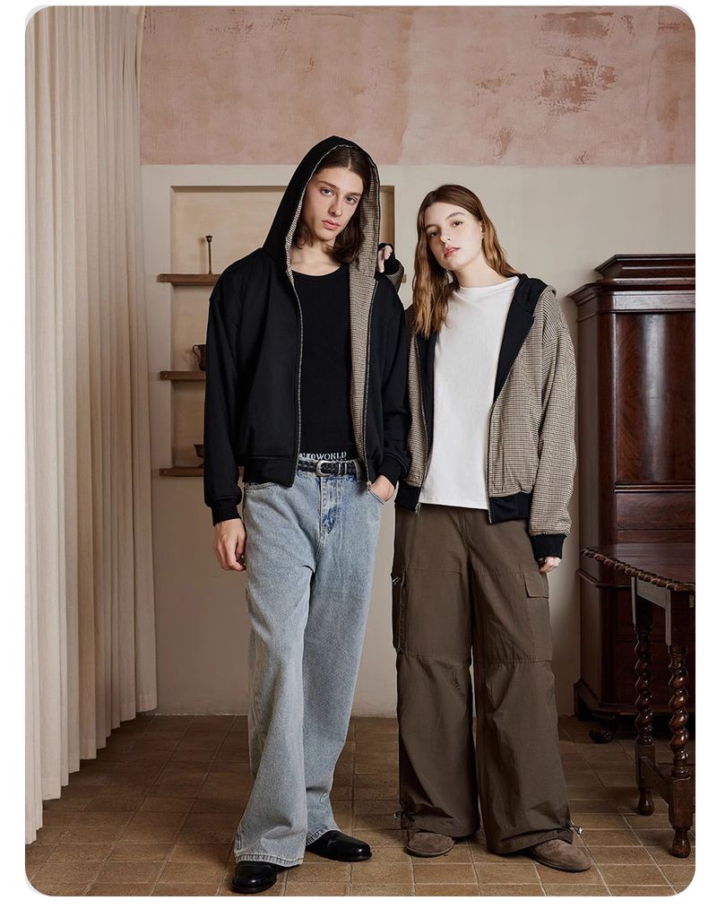 Unisex Reversible Houndstooth Zip Hoodie - Oversized Vintage Pullover With Dual-Side Design, Streetwear Essential For Fall & Winter (Black)_voghion.com