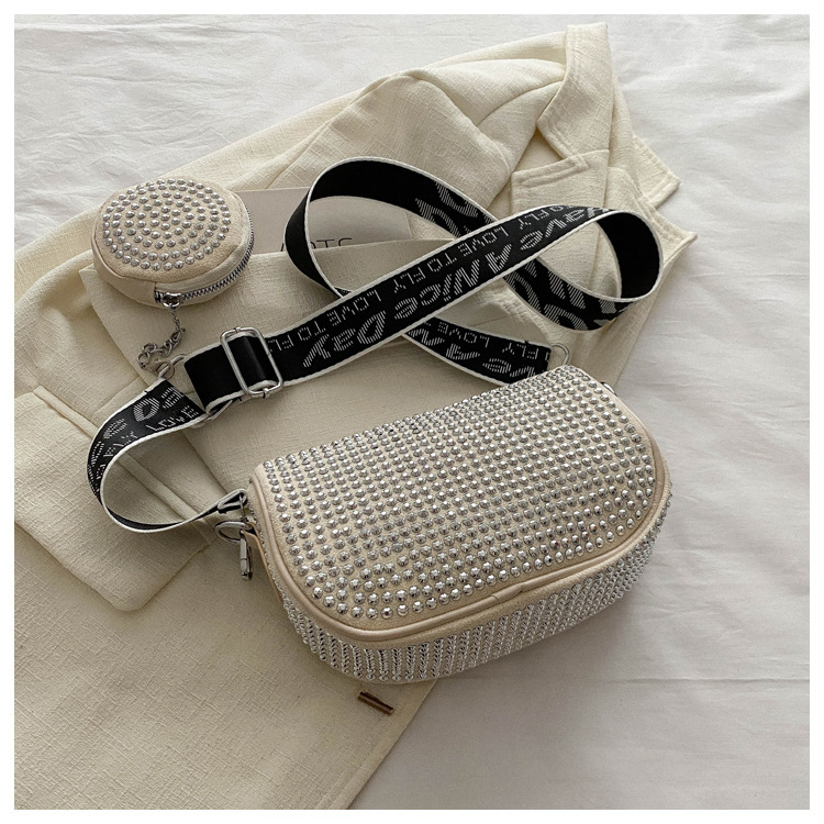 Donna alla moda con semplici strass intarsiati, borsa a tracolla alla moda a spalla singola, borsa di tendenza da discoteca,_voghion.com