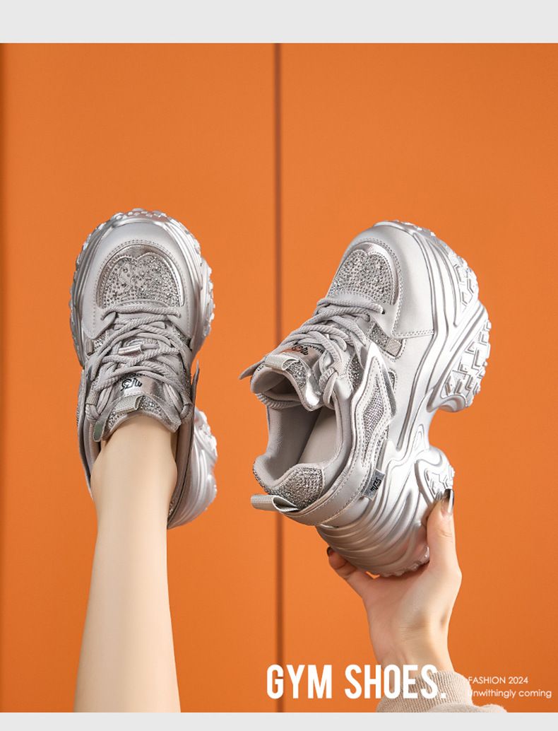 Papa à semelles épaisses pour femmes, nouvel article d'automne 2024, chaussures pour femmes rehaussantes à l'intérieur en strass argenté, polyvalentes_voghion.com