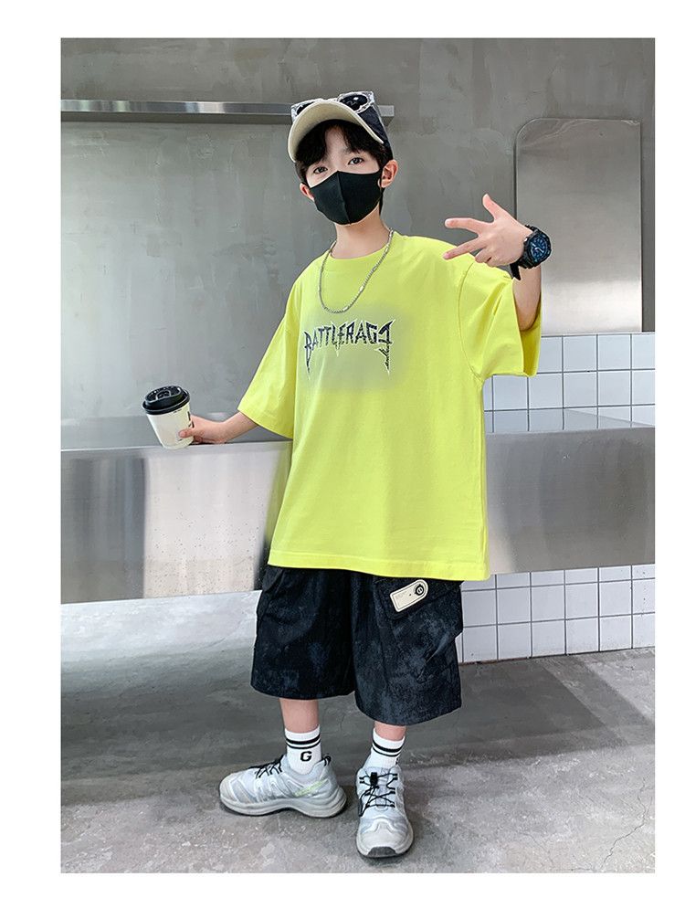 Abbigliamento per bambini, abito estivo con lettere a maniche corte, nuovo stile per bambini di età media e grande, pantaloncini estivi per bambini, abito a due pezzi_voghion.com