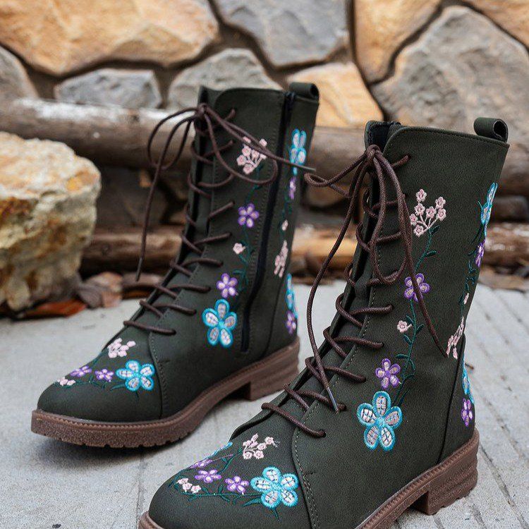 Cross-Border Plus Size Mid-Calf 2025 Autunno Inverno Stampato Lace-Up Martin Per Donna Stile Europeo E Americano Moda_voghion.com