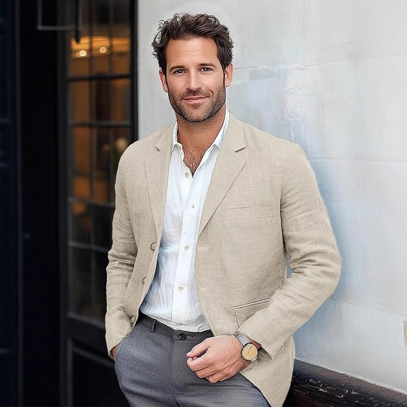 Veste de costume décontractée en coton et lin pour homme, couleur unie, taille européenne_voghion.com