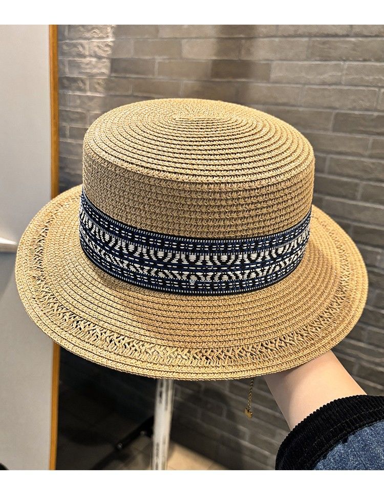 Ethnic Style Flat Top Top Hat Women's Summer Seaside Beach Vacation Sunshade Straw Hat Wide Brim Sun Hat_voghion.com