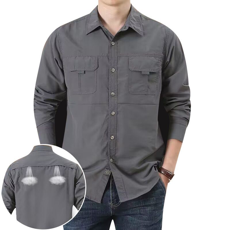Men's Loose Fit Long Sleeve Shirt For Spring And Autumn, Casual Workwear With Multiple Pockets, Lightweight_voghion.com
