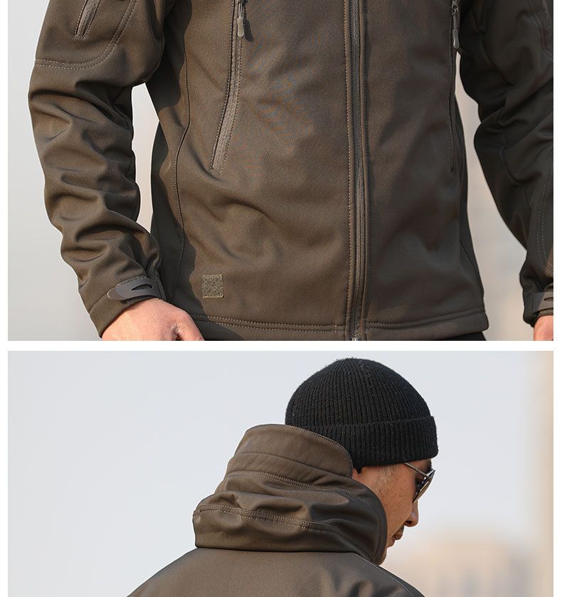 Giacca softshell tattica per gli amanti delle attività all'aria aperta, impermeabile, calda, foderata in pile, con cappuccio da combattimento militare, motivo mimetico effetto pelle di squalo._voghion.com