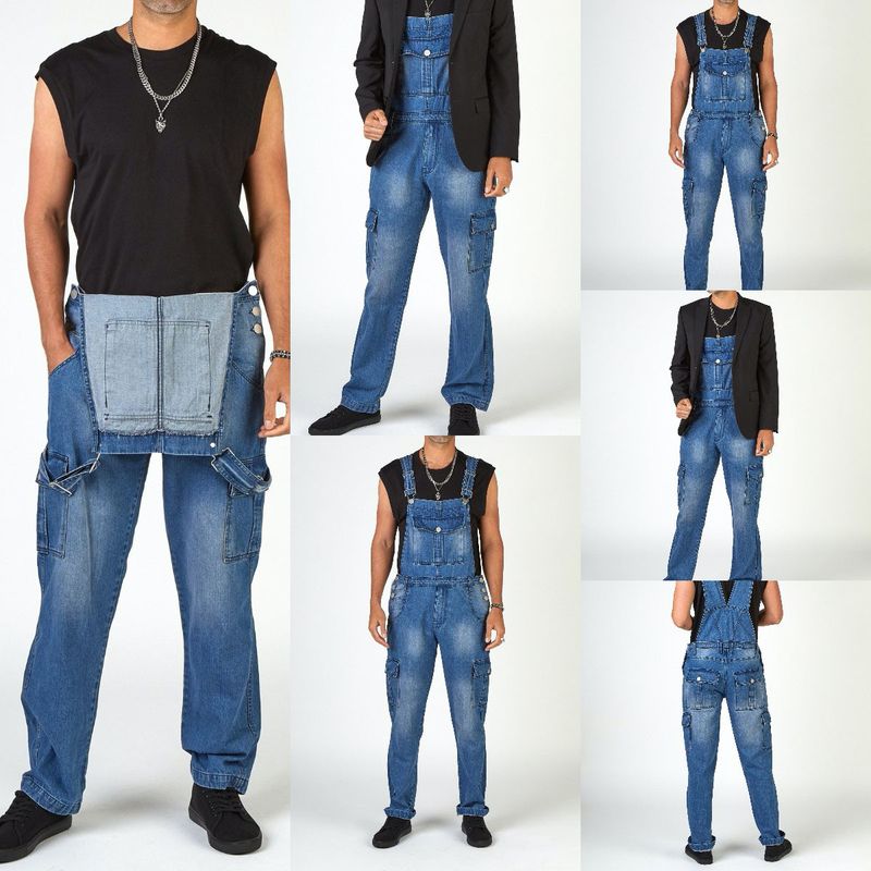 Mono vaquero multibolsillos de hombre con pantalones vaqueros cargo rotos_voghion.com