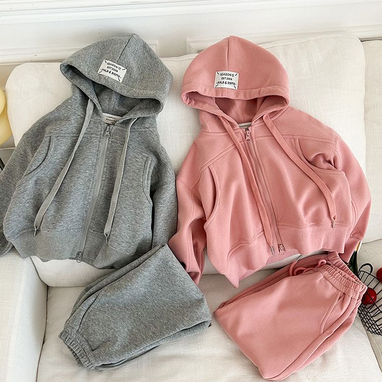 Girls' Hooded Sweater Set – Cozy Cotton Jacket & Jogger Pants For Playful Kids (Ages 3-8, Pink & Grey)_voghion.com