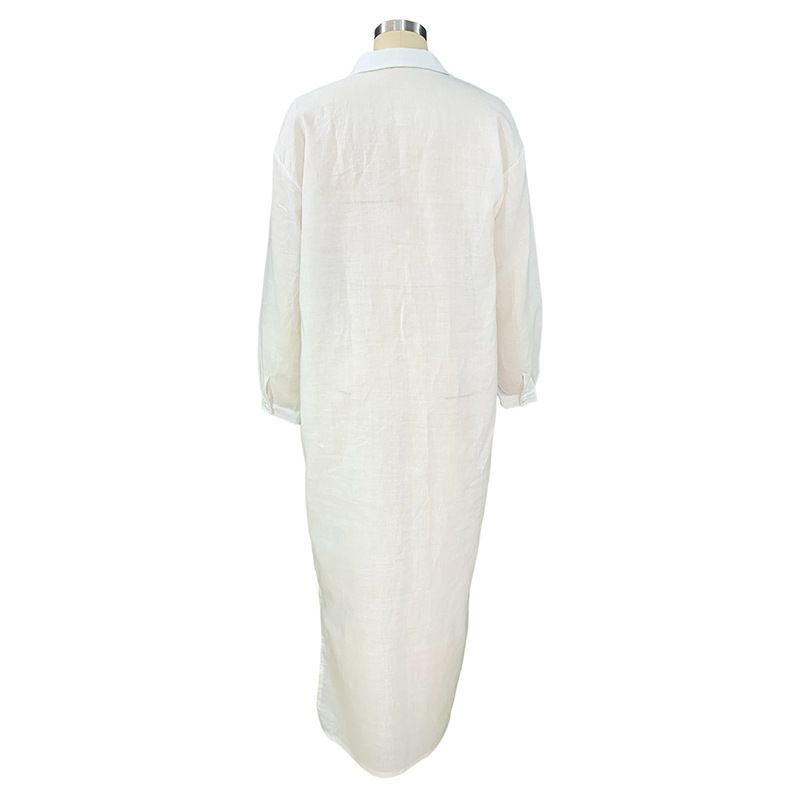 Abito da donna elegante in tinta unita con collo a polo di media lunghezza in cotone e canapa_voghion.com