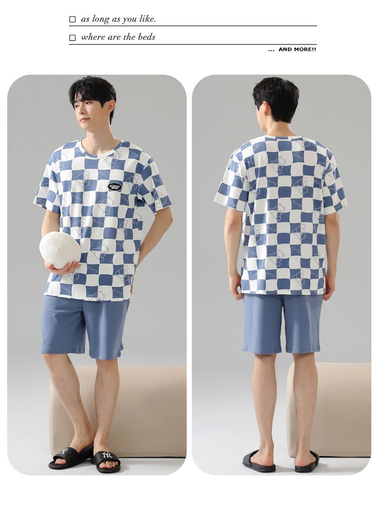 Sommerpyjama Herren Reine Baumwolle Dünn Schlichte Lässige Oberbekleidung Rundhals Pullover Kurzarm Shorts Baumwolle Heimkleidung Set_voghion.com