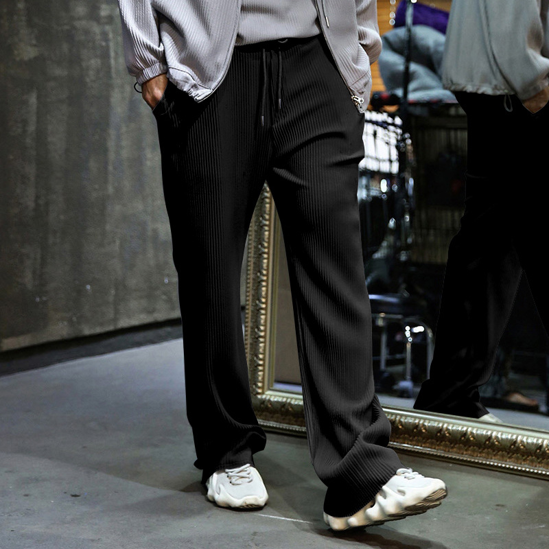 Pantaloni larghi a vita alta, dritti, drappeggiati, a righe, casual, da uomo, primavera e autunno 2024_voghion.com
