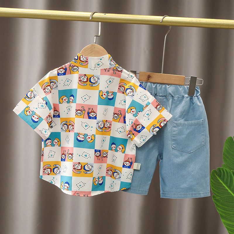 2024 Summer New Polo Neck Shirt Short sleeved Set, Boys' Casual Cowboy Shorts Two Piece Set_voghion.com