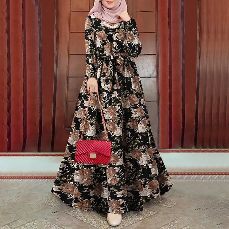 Boho Print Irregular Dress Autumn Party Dresses For Women Long Sleeve Belted Kaftan Abayas Muslim Dubai Gowns Morocco Evening Dress_voghion.com