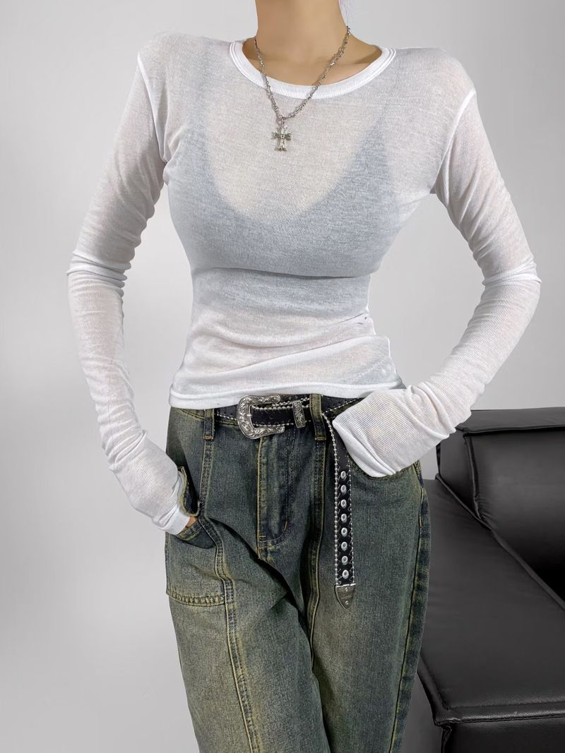 Light Thin Long Sleeved T-shirt For Women In Autumn 2025, Pure Seductive, With A Spicy Girl Temperament. Round Neck Slim_voghion.com