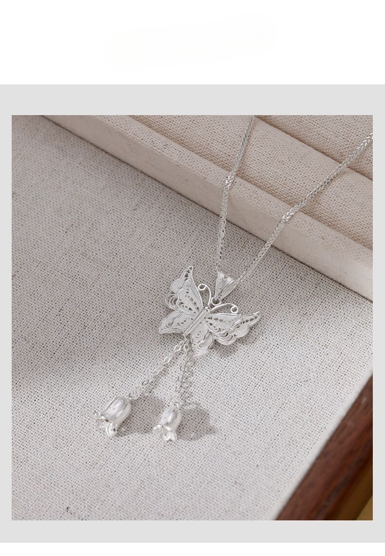 Sterling Silver Butterfly Lily Of The Valley Necklace For Women, Niche High-end Light Luxury Exquisite Collarbone Chain,_voghion.com