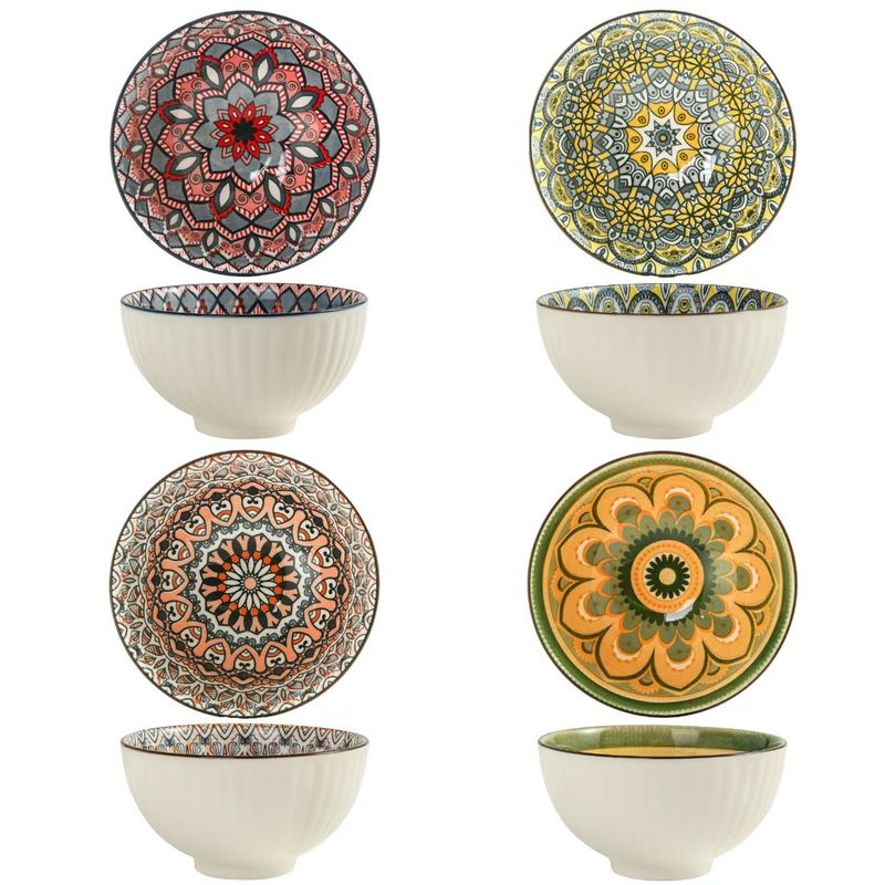 Bohemian Floral Ceramic Rice Bowls – Hand-Painted Underglaze Tableware Set (Microwave Safe, Gift-Ready For Holidays & Corporate Events)_voghion.com