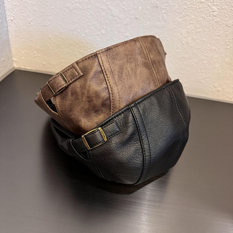 Cappelli da donna retrò in pelle PU, tinta unita, cappello a punta per autunno e inverno, berretto a rete con personalità di celebrità, cappello a becco d'anatra invertito per uomo_voghion.com