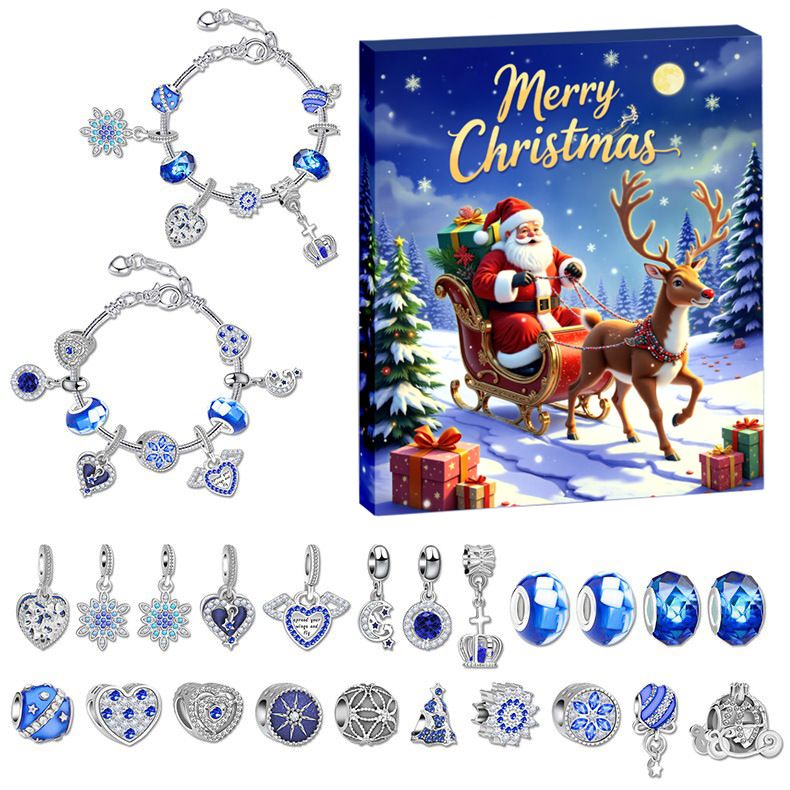 Kinder Cartoon Weihnachtsmann Blau Schneeflocke DIY Legierung Kristall Armband Set_voghion.com