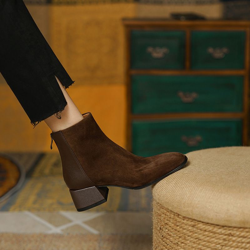 New Autumn Winter Wo's Square Toe Simple Patchwork Brown Chunky Martin Suede Mid Heel Back Zipper Short Boots For_voghion.com