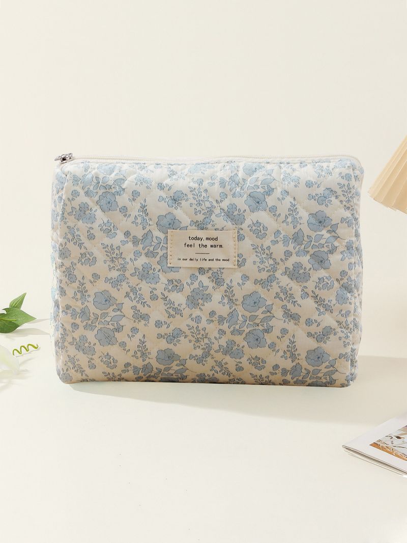 Borsa cosmetica trapuntata di media e grande capacità, piccola borsa portaoggetti floreale portatile in cotone trapuntato con fiori_voghion.com