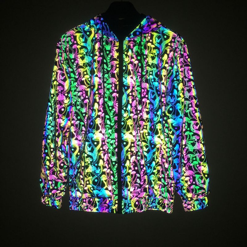 Men's Clothing Colorful leaf laser jacket men's ins trendy tops loose zipper hooded pullover reflective jacket_voghion.com