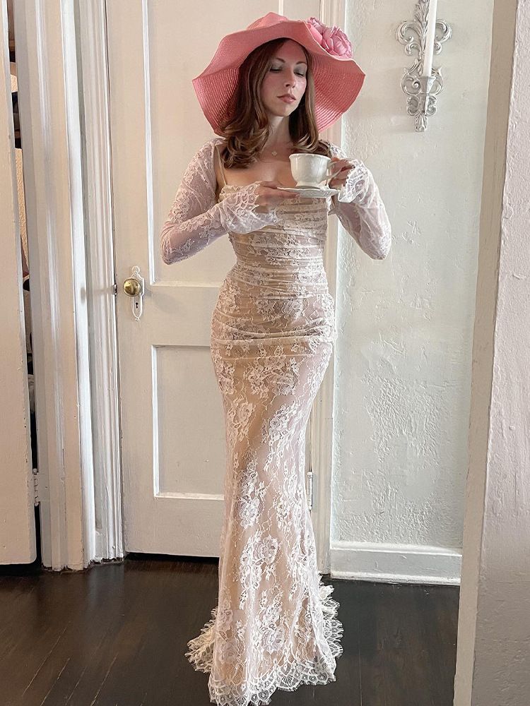 Women's Clothing Spring And Summer New Fashion Sexy Temperament Fishtail Palace Square Collar Lace Fashion Casual Suit_voghion.com