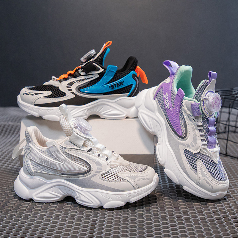 Atmungsaktive Polyurethan-Schuhe für Mädchen und Teenager, Mesh-Schuhe für Frühling, Sommer und Herbst, lässige Laufschuhe mit drehbarer Schnalle für Jungen_voghion.com