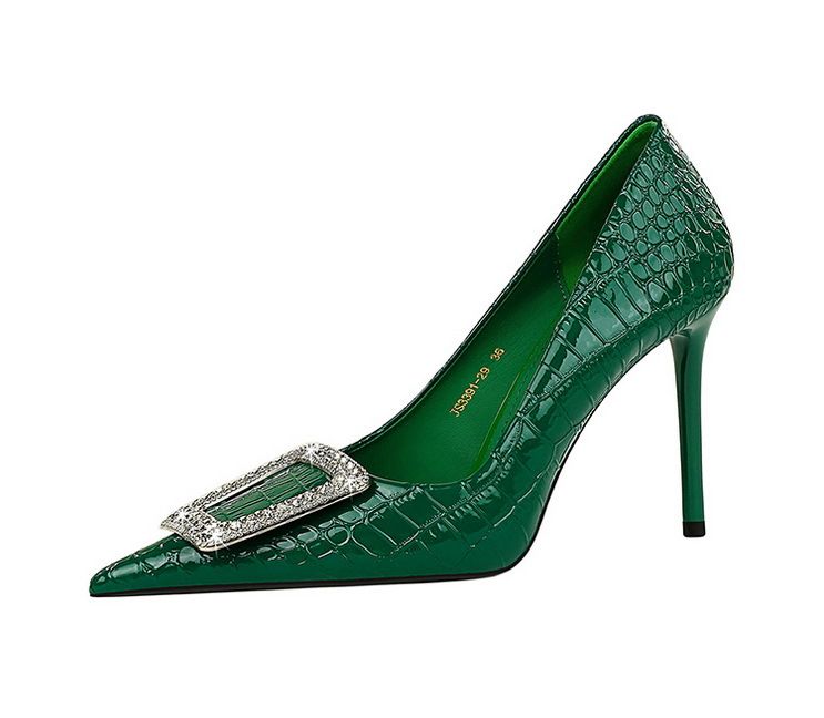 3391-K28 Korean Women's Slim Ultra High Heels Shallow Mouth Sharp Toe Lacquer Skin Snake Pattern Water Diamond Buckle_voghion.com