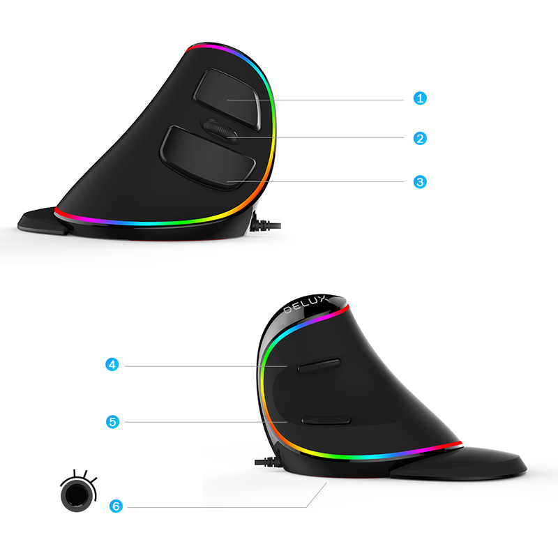 12800DPI Ergonomia Vertical Gaming Programável Macro Delux M618 PLUS Mouse com Fio 6 Botões RGB Sem Fio Mão Direita_voghion.com