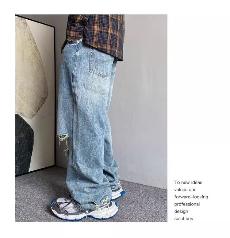 Herrenbekleidung Frühling und Sommer Lässige Retro Hellblaue zerrissene Jeans Herren Gerade Lose Trendy Tapered Pants_voghion.com