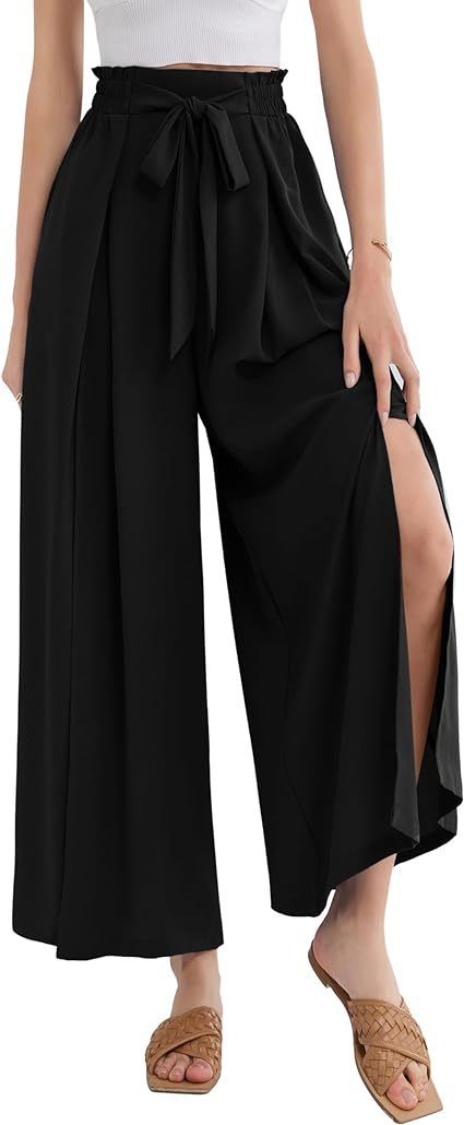 Calça Palazzo Feminina Leve, Casual, de Cintura Alta, com Bolsos e Fenda - Calça Larga e Flutuante para o Verão_voghion.com