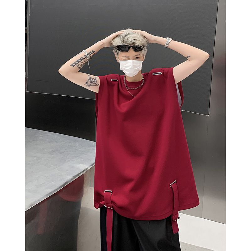 High Street Sleeveless T-shirt With Small Neckline Design, Camisole, Men's Trendy Summer American Short Sleeved Shirt_voghion.com