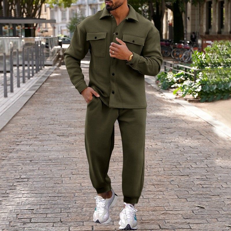 Herren-Set aus gebürsteter Fleecejacke und -hose – Einreihiger Winteranzug (S-XXXL, Schwarz/Grau/Armeegrün)_voghion.com