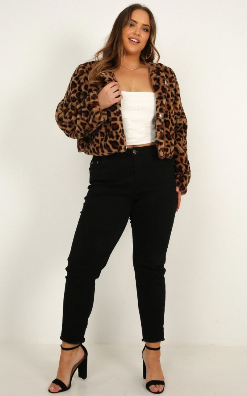 Damen Herbst Leopardenmuster Langarm Kurzer Cardigan Top Plüschjacke mit verstecktem Knopf_voghion.com