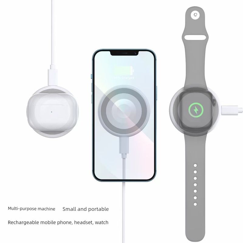 Carregador magnético mini ventosa três em um, adequado para iPhone, relógio, fones de ouvido, compatível com todos os relógios_voghion.com