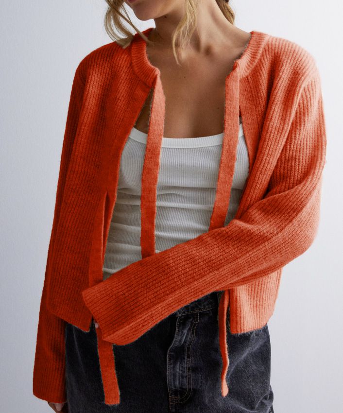 Damenbekleidung Einfarbiger Strickjackenpullover mit Schnürung_voghion.com