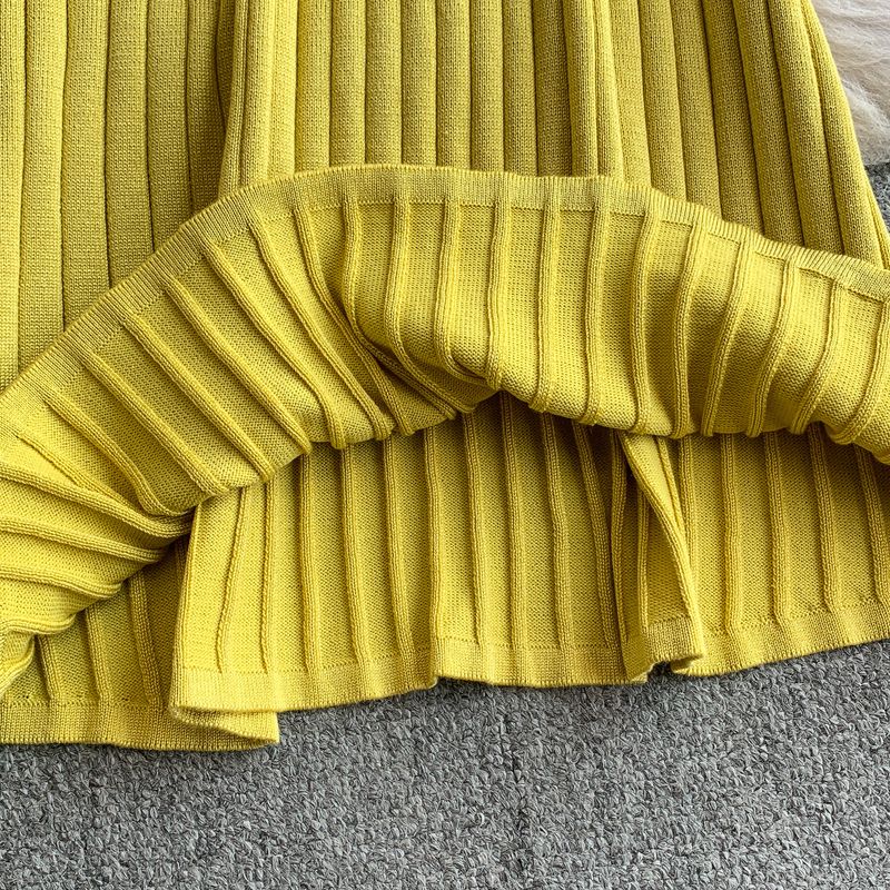 Elegant Knit Fishtail Dress – Doll Collar, Elastic Waist, Long Sleeve (Black/Brown/White/Camel/Yellow, One Size Fits Most)_voghion.com
