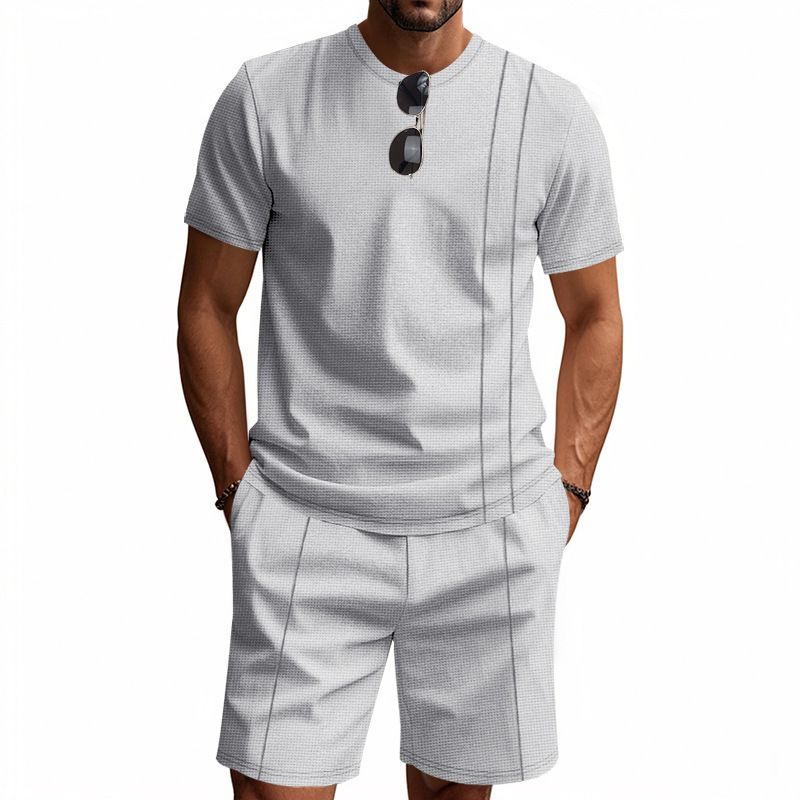 American Style Summer Men's Loose Fit INS Simple Waffle Round Neck Short Sleeve Shorts Two-Piece Set_voghion.com