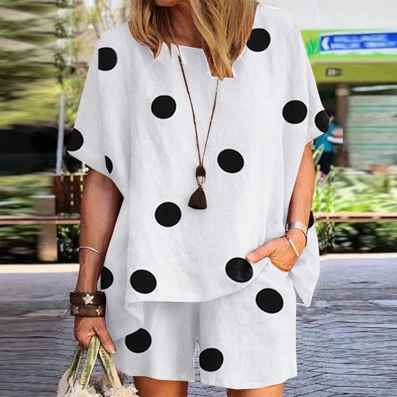 Frauen kleidung = polka dot print rundhals lose kurzarm shorts zwei-stück anzug_voghion.com