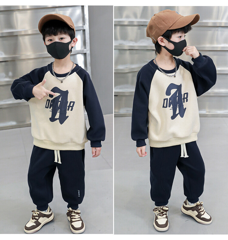 Boys' shoulder wiping sleeve letter set, spring and autumn clothing, children's sports sweater, color matching two-piece_voghion.com