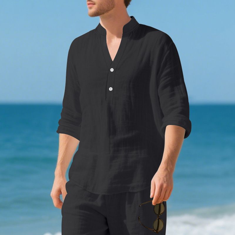 Maglietta a maniche lunghe con scollo a V in lino traspirante per uomo - Vestibilità rilassata, comfort casual, essenziale per l'estate_voghion.com