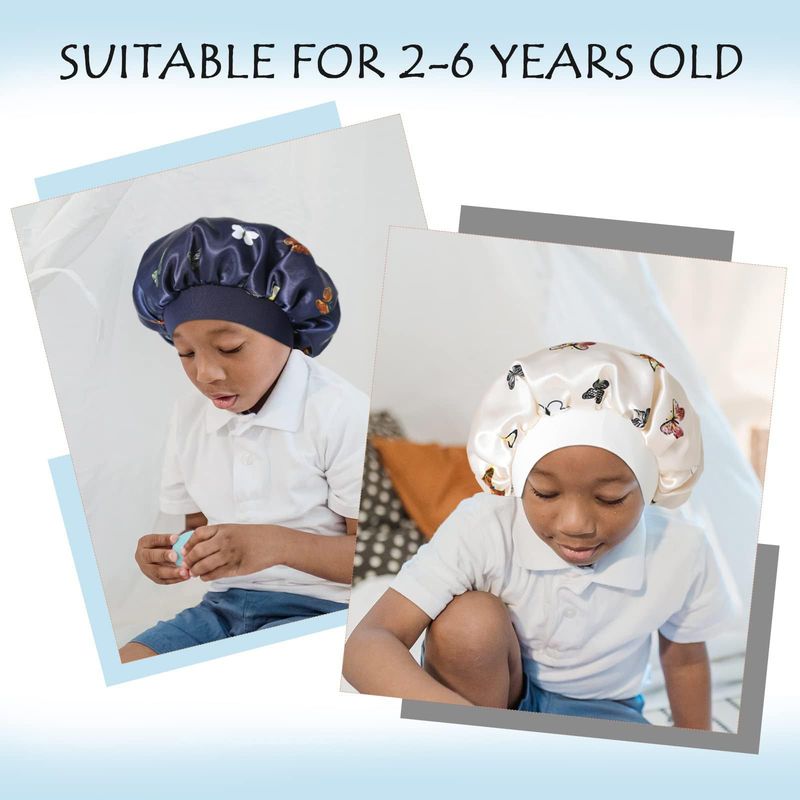 Cuffia da notte per bambini in seta con tesa larga e stampa a farfalla - Fascia elastica, morbida e traspirante per tutte le stagioni, protezione solare e cura dei capelli_voghion.com