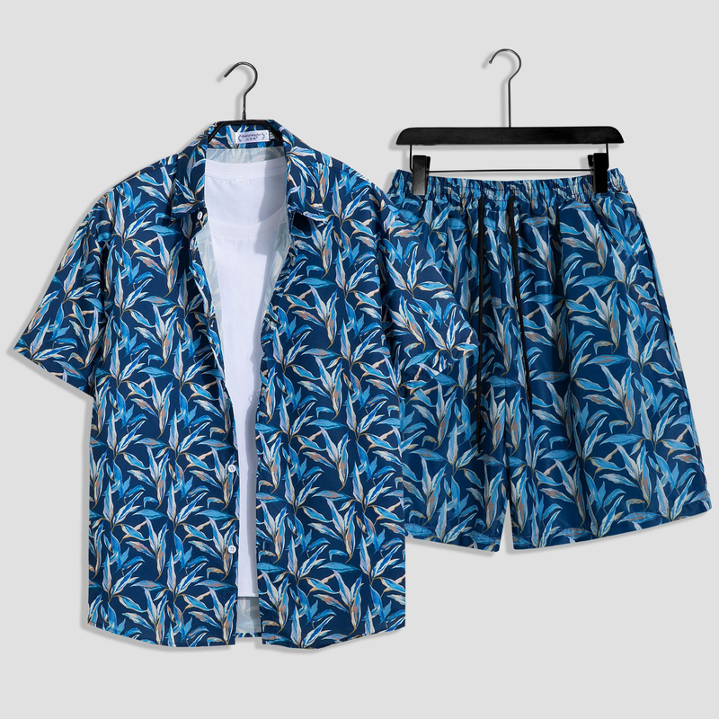 Herenkleding aan zee, strandvakantie, losse heren, plus size paar, trendy bloemenoverhemd met korte mouwen, casual tweedelige set_voghion.com