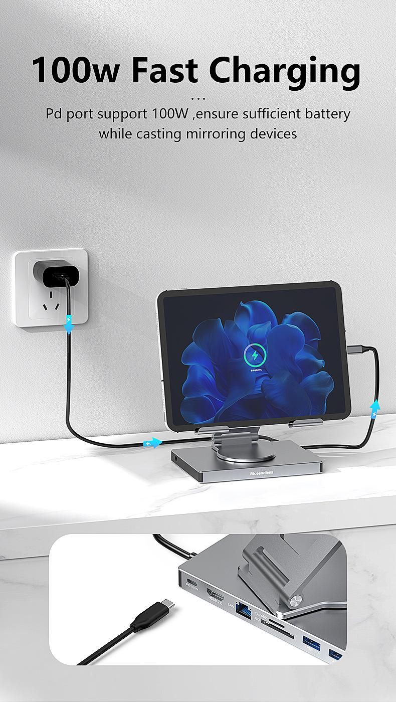 Estación de acoplamiento tipo C con soporte giratorio para tableta, puerto Ethernet Gigabit 4K/60 Hz, concentrador divisor USB 3.0 y convertidor_voghion.com