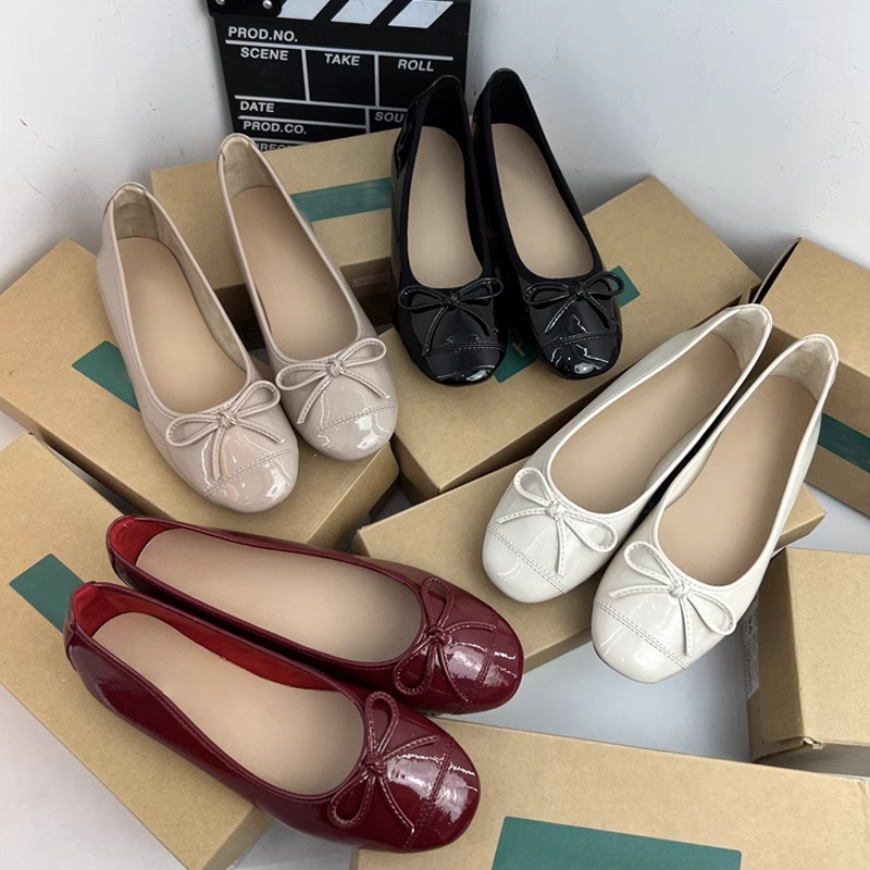 Roman Holiday Hepburn Style Ballet Slipper Ziehen Sie Ihren großen Ausverkauf zurück Tail Goods Schleifen Übergroße Schuhe Square Toe Flats_voghion.com