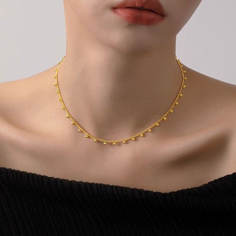 Minimalist Small Gold Ball Layered Stainless Steel Gold-Plated Bohemian Bead Tassel Necklace For Women_voghion.com